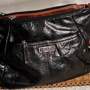 100% Leather Black Stone Mountain Shoulder Bag With Brown Trim